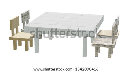 3D wooden table and marble chairs isolated on white background.