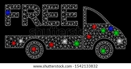 Bright mesh free delivery car with glare effect. White wire frame triangular mesh in vector format on a black background. Abstract 2d mesh designed with triangles, small circle, colored glare spots.