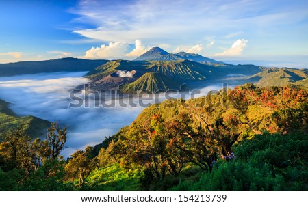 Bromo volcano at sunrise,Tengger Semeru National Park, East Java, Indonesia Royalty-Free Stock Photo #154213739