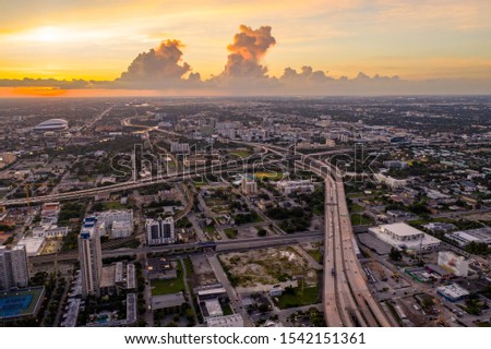 Sunset over Miami highways beautiful aerial shot