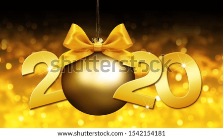 2020 Happy New Year text with golden christmas ball and ribbon bow isolated on blurred lights  Background for invitation and Greetings Card