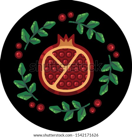 Vector illustration of sliced pomegranate with twigs and seeds in a black circle. Round composition with juicy fruit in the center.
