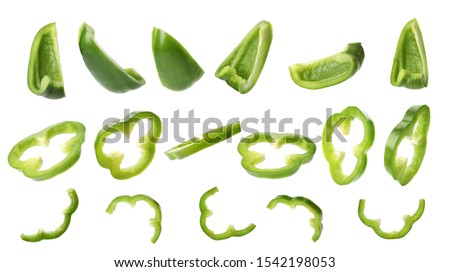Set of cut fresh green bell peppers on white background Royalty-Free Stock Photo #1542198053