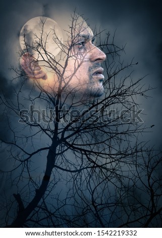 Halloween theme moonlight double exposure image with male model and dark moon night