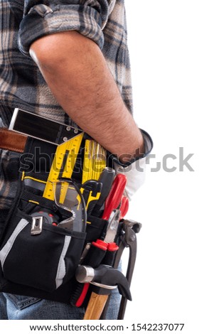Rear view of a carpenter isolated on a white background, he is wearing leather work gloves. Work tools industry construction and do it yourself housework. Stock photography.