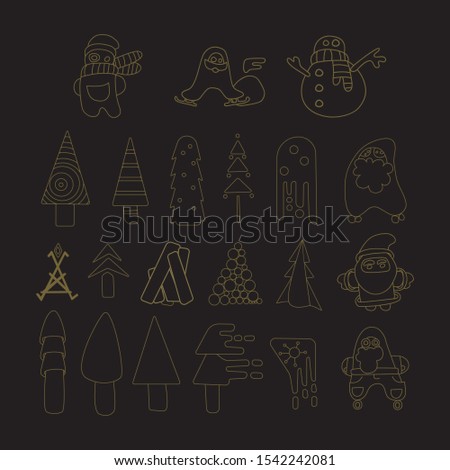 Set of golden line christmas tree and Santa Clauses on black isolated background. Vector design xmas templates for banners, patterns, invitations, prints, greeting cards, posters, logo.  