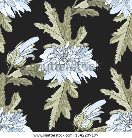 Seamless pattern with white chrysanthemums on black. Endless texture for design. Vector background with chrysanthemums and floral elements for your greeting cards, fabric design, wedding.