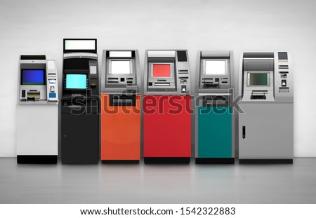 ATM self standing Smaller indoor ATMs dispense money inside convenience stores. Suitable for presenting new bank logo or new bank designs and cash campaigns. Royalty-Free Stock Photo #1542322883