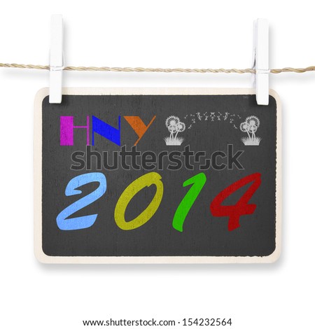 blackboard hang on wood rope with pin for 2014 Happy New Year, isolated included clipping path