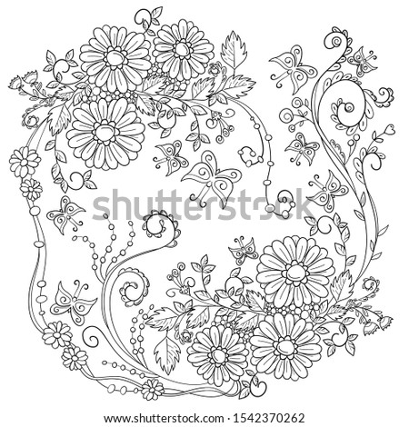 abstract fantasy floral composition with butterflies. Coloring book page for adult. Vector anti-stress pattern
