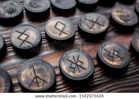 Set of anglo-saxon runes carved in wood - anglo-saxon futhark (futhorc) Royalty-Free Stock Photo #1542371624