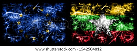 Eu, European union vs Myanmar new year celebration sparkling fireworks flags concept background. Combination of two states flags.
