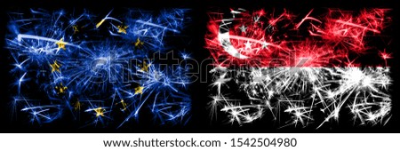 Eu, European union vs Singapore, Singaporean new year celebration sparkling fireworks flags concept background. Combination of two states flags.
