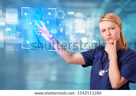 Doctor touching virtual screen with biology and genetic concept