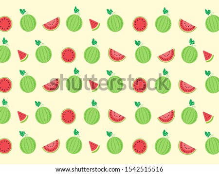 Cute red watermelon fruit pattern with green leaf and half slice isolated on white background.Simple shape.Design for clip art ,Wallpaper ,Backdrop ,Screen.Tropical fruit concept.Vector.