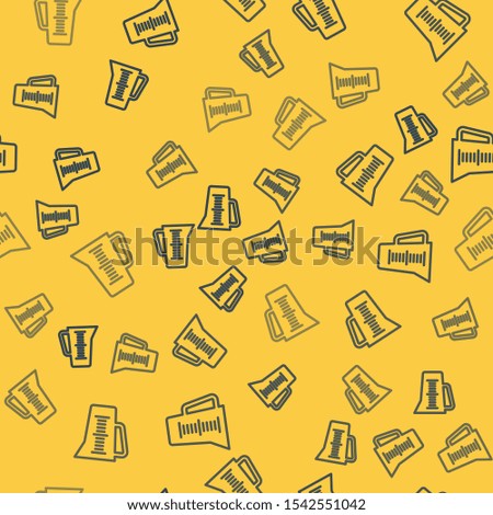 Blue line Measuring cup to measure dry and liquid food icon isolated seamless pattern on yellow background. Plastic graduated beaker with handle.  Vector Illustration