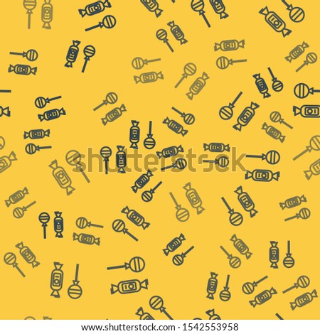 Blue line Lollipop icon isolated seamless pattern on yellow background. Candy sign. Food, delicious symbol.  Vector Illustration