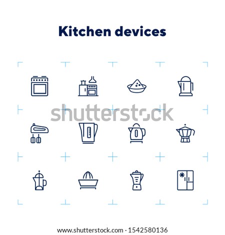 Kitchen devices line icon set. Set of line icons on white background. Kettle, tea pot, mixer. Cooking concept. Vector illustration can be used for topics like home, food, cooking