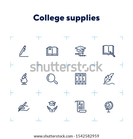 College supplies line icon set. Pen, graduation cap, cabin. Education concept. Can be used for topics like university, school, training