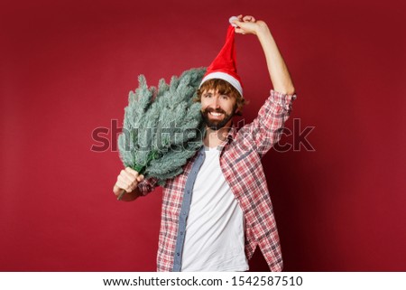 Ecstatic male model holding Christmas tree over red background. Wearing Santa hat.  Positivities emotions. 