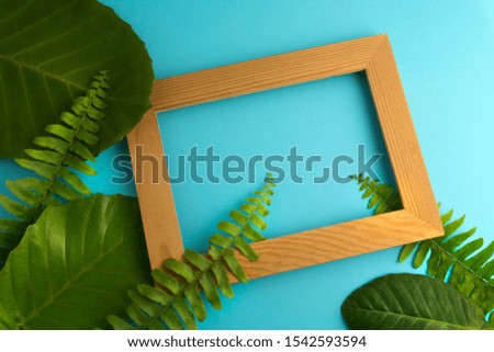 Frame with tropical leaves summer minimal background with a space for a text, flat lay, view from above. Sale or template concept.