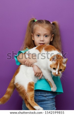 Little child girl hugs a red cat on a purple background. Pet care and veterinary concept