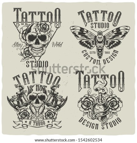 Set of tattoo label designs. Monochrome illustrations with text composition.