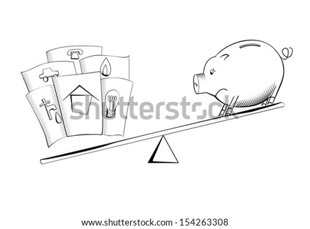 Cartoon pig and bills on a see-saw balance or scales
