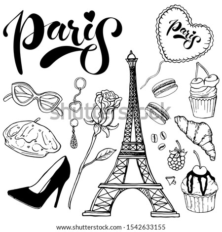 Black set of romantic object on a white background: rose, sweet, shoe, sunglasses, beret, earrings, raspberries, croissant, balloon, inscription Paris, Eiffel Tower, keychain, coffee beans, cake.