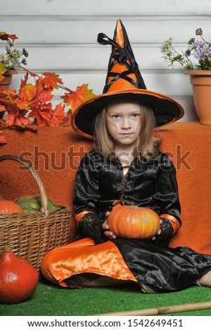 Portrait of girl in witch costume and small pumpkin.