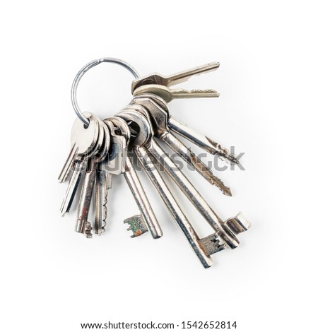 Keys on key ring arrangement isolated on white background clipping path included. Design element, top view, flat lay. Security concept
 Royalty-Free Stock Photo #1542652814
