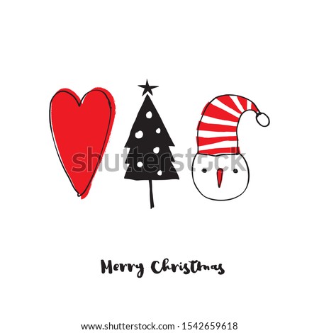 Funny Infantile Style Christmas Vector Card. Red Heart, Black Christmas Tree and Head of Snowman Isolated on a White Background. Merry Christmas Design Ideal for Cards, Prints, Party Decoration. 