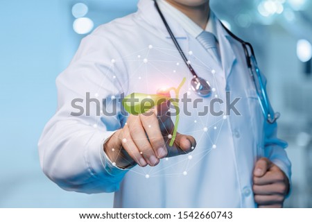 The concept of treatment of the gallbladder. The doctor clicks on the gall bladder on the blurred background. Royalty-Free Stock Photo #1542660743