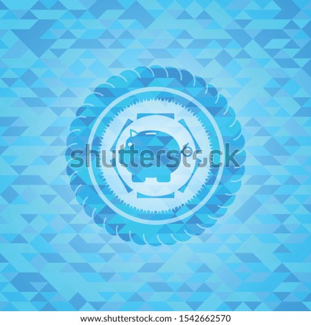 piggy bank icon inside realistic sky blue emblem. Mosaic background