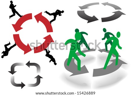What goes around come around: Business People, Symbol People, and Arrows recycle in circles.