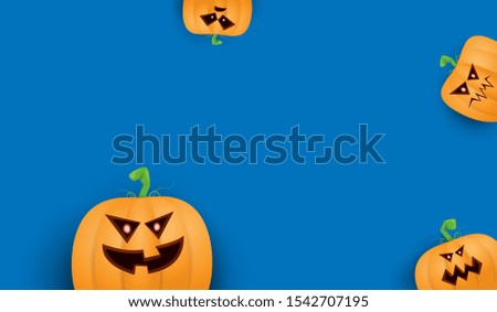 Halloween Horizontal web Banner or poster with Halloween scary pumpkins isolated on blue wall background. Funky kids Halloween background with space for text
