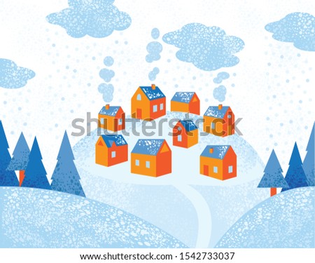 winter village on a hill around a pine tree. Hello winter, happy New Year, 
Merry Christmas