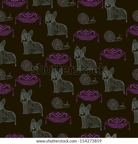 Abstract seamless pattern with cats, pillows and cotton. 