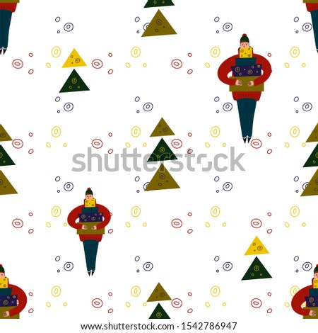 Christmas seamless pattern with a young man in a red sweater holding christmas gifts and christmas trees. Design for invitations, wrapping paper, cards - Vector