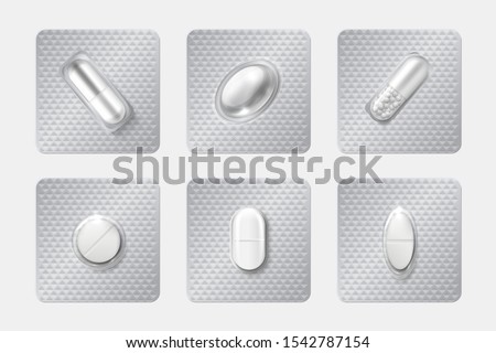Realistic pill blisters set. Medicine capsule and pills in blister pack. 3D illustration chemicals drugs and medicine vitamins isolated vector mockup pharmaceutical capsules Royalty-Free Stock Photo #1542787154