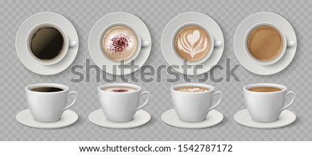 Realistic coffee cups. Espresso latte and cappuccino hot beverages, 3D mockup front and top views. Vector illustration isolated black coffee drink set on transparent background Royalty-Free Stock Photo #1542787172