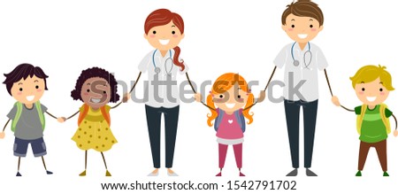 Illustration of Stickman Kids Students with Man and Woman School Nurses in White with Stethoscope