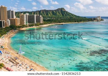 Hawaii beach Honolulu city travel landscape of Waikiki beach and Diamond Head mountain peak at sunset, Oahu island, USA vacation.