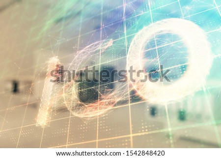 Cryptocurrency theme drawing with office interior background. Double exposure. Concept of blockchain.