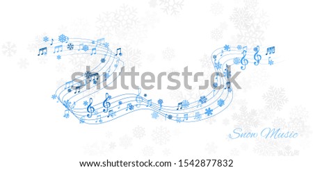 Christmas design element  from flying swirl lines, music notes and snowflakes. Winter holiday decoration on the light background from snow.
