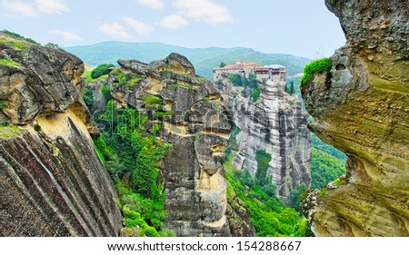 Landscape with tall rocks with buildings on them, monastery from Meteora-Greece.