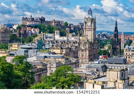 View of the city of Edinburgh in Scotland including several of its famous landmarks Royalty-Free Stock Photo #1542912251