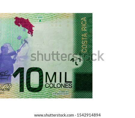 Right part of 10000 colones banknote front side isolated. Colones is the currency of Costa Rica