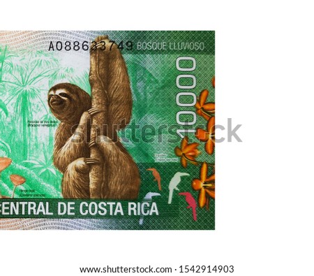 Right part of 10000 colones banknote back side isolated. Colones is the currency of Costa Rica