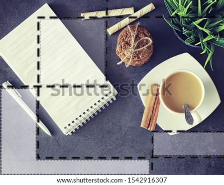 Office desktop background with a cup of coffee and writing utensils. Manager's desk, pen, notebook.